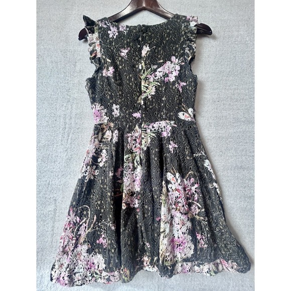 Anthropologie Eri + Ali Nevaeh Floral Lace Dress Black Pink Ruffle Fit Flare 4P - Picture 9 of 13